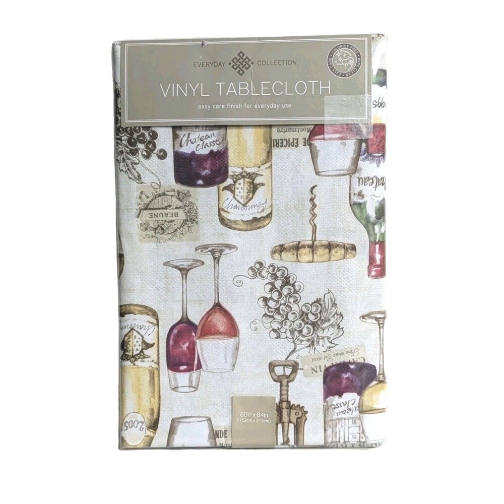 French Wine Bottles Vinyl Tablecloth Glasses Grapes Corkscrew 52 X 70-inch New